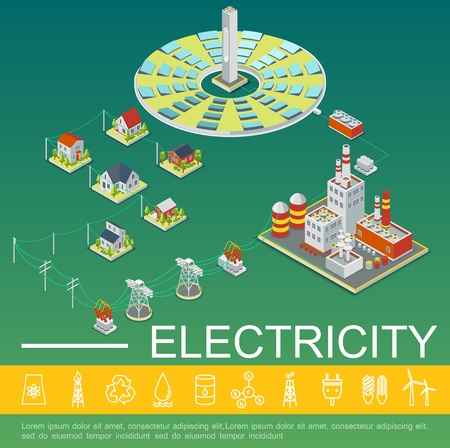 Electricity production and distribution template with solar panels energy power factory electric transmission lines houses in isometric style vector illustrationのイラスト素材