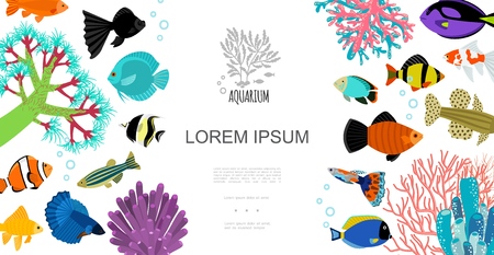 Flat aquarium elements template with colorful fishes water bubbles corals and seaweed vector illustrationのイラスト素材