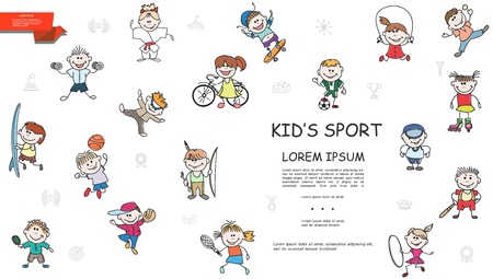 Sketch kids sport colorful collection with boys and girls characters in sportswear doing sport vector illustrationのイラスト素材
