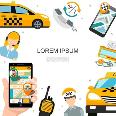 Flat taxi service concept with cars phone operator driver money counter radio set taxi order application on mobile screens vector illustrationのイラスト素材