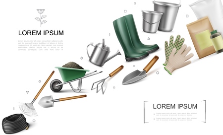 Realistic garden elements concept with hose wheelbarrow of dirt shovel trowel rake fertilizer bags boots buckets watering can gloves hoe vector illustrationのイラスト素材