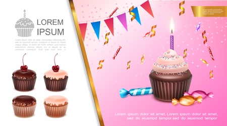 Realistic sweet birthday concept with festive cupcake burning candle candies garland and confetti vector illustrationのイラスト素材
