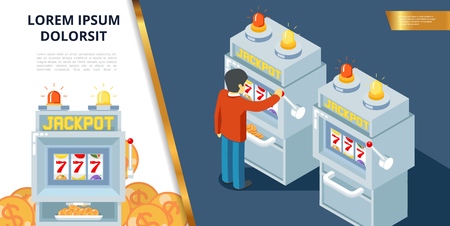Flat gambling bright composition with gold coins and man playing slot machine in casino vector illustrationのイラスト素材