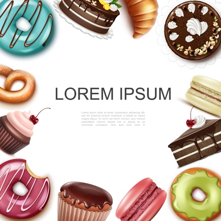 Realistic cakes and desserts concept with place for text donuts pie muffin cupcake macaroons croissant pretzel vector illustrationのイラスト素材