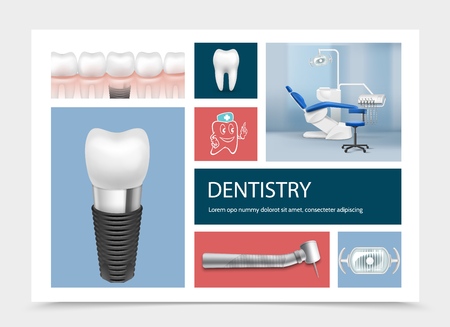 Realistic dentistry elements composition with dental implants tooth machine lamp dentist workplace isolated vector illustrationのイラスト素材