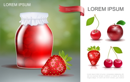 Realistic tasty berry jam template with jar of preserves ripe strawberry and cherry vector illustrationのイラスト素材