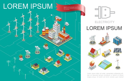 Isometric electricity production composition with nuclear and hydroelectric power stations windmills electric towers transmission energy storage solar panel houses vector illustrationのイラスト素材