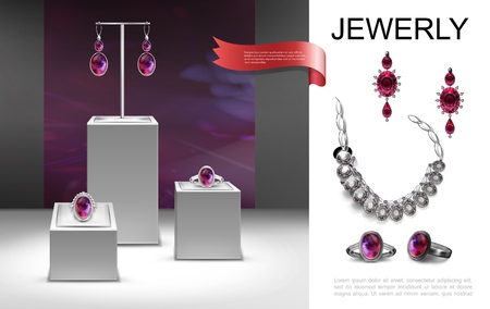 Realistic jewelry composition with earrings brooch rings with jewels on stands and silver necklace vector illustrationのイラスト素材