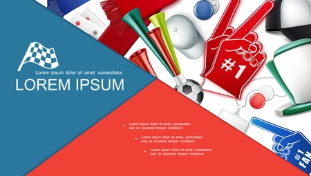 Realistic sport fans attributes composition with foam gloves hat cap vuvuzela trumpets tickets scarf badges vector illustrationのイラスト素材