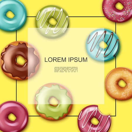 Realistic desserts premium template with frame for text colorful donuts with different ingredients and flavors on yellow background vector illustrationのイラスト素材
