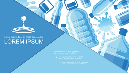 Flat drinking clear water composition with liquid splashes and plastic bottles of pure aqua vector illustrationのイラスト素材
