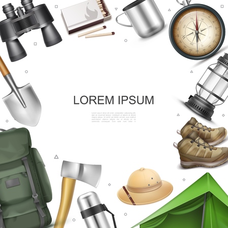 Realistic camping elements concept with tent backpack panama hat sneakers lantern navigational compass axe shovel binoculars matches metal cup vector illustrationのイラスト素材