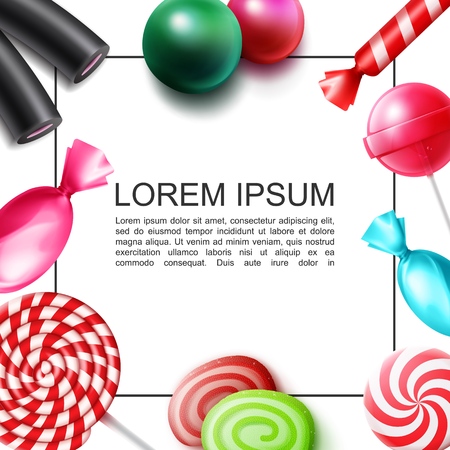 Realistic sweet candies colorful concept with frame for text bonbons jelly gums lollipops licorice vector illustrationのイラスト素材