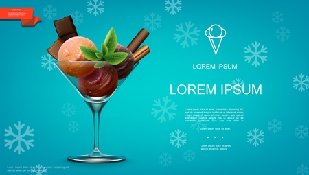 Realistic ice cream template with colorful icecream scoops of different flavors chocolate bars mint leaves cookie in glass on blue snowflakes background vector illustrationのイラスト素材