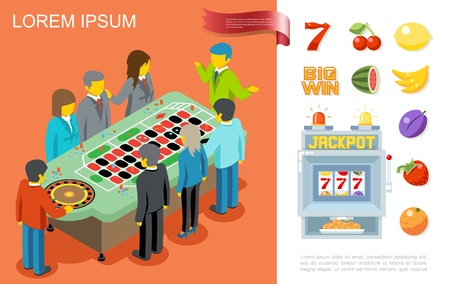 Flat gambling colorful concept with people playing roulette in casino number seven and fruit symbols for slot machine vector illustrationのイラスト素材
