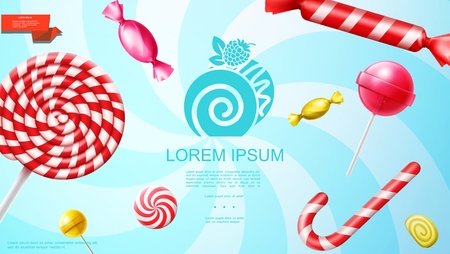 Realistic sweet products template with colorful lollipops bonbons marmalade candy cane on radial background vector illustrationのイラスト素材