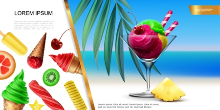 Realistic ice cream concept with colorful scoops in glass on sea landscape and fruit icecream with cherry kiwi pineapple kumquat flavors vector illustrationのイラスト素材