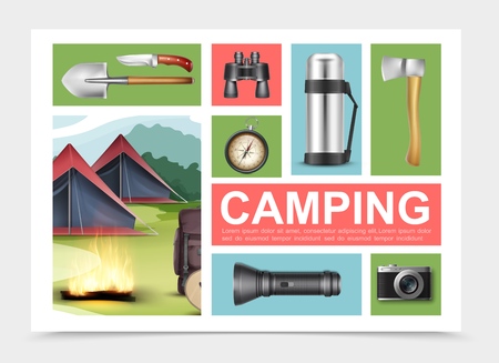 Realistic camping elements composition with shovel axe knife binoculars compass flashlight camera backpack guitar near campfire and tents vector illustrationのイラスト素材