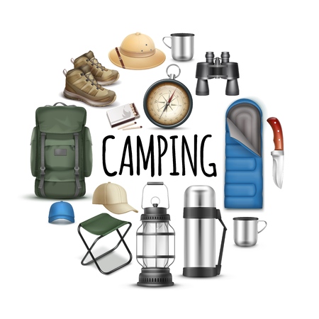 Realistic camping round concept with sleeping bag caps panama hat sneakers binoculars knife compass cup portable chair backpack matches lantern isolated vector illustrationのイラスト素材