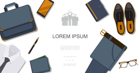 Flat businessman style concept with shirt briefcase phone notepad leather shoes trousers eyeglasses wallet pen vector illustrationのイラスト素材