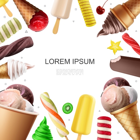 Realistic colorful ice cream template with chocolate caramel vanilla scoops fruit lollipop ice creams vector illustrationのイラスト素材