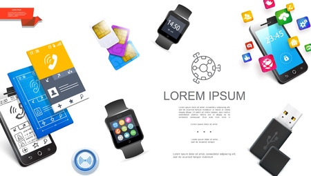 Realistic modern gadgets concept with smartwatches usb flash drive sim cards smartphone mobile interfaces design and application icons vector illustrationのイラスト素材