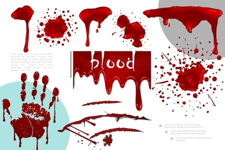 Realistic blood splatters and splashes collection with different bloody blots drips and handprint vector illustrationのイラスト素材