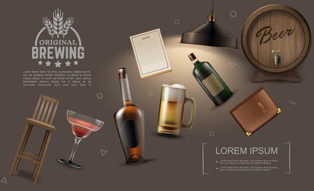 Realistic pub elements collection with bottles of alcoholic drinks beer mug cocktail glass chair bar menu lamp wooden barrel vector illustrationのイラスト素材
