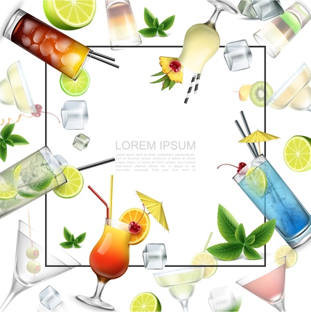 Realistic alcoholic beverages template with frame for text alcohol cocktails shot drinks mint leaves ice cubes and fruits slices vector illustrationのイラスト素材