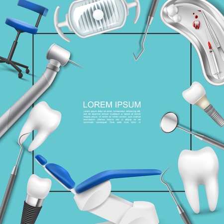 Realistic professional dentistry concept with frame for text lamp dental implant stomatological instruments medical chair tooth machine tray of syringe cotton balls vector illustrationのイラスト素材
