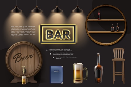 Realistic pub elements composition with wooden barrel beer glass chair menu lamps bottles on shelves neon signboard vector illustrationのイラスト素材