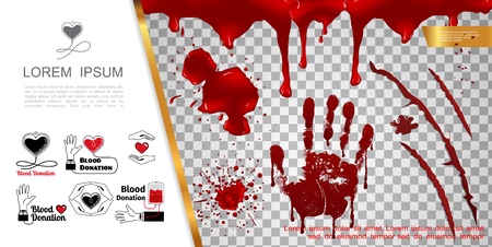 Realistic blood elements concept with bloody splashes handprint blots drips splatters and blood donation icons vector illustrationのイラスト素材