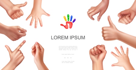 Realistic female hand gestures concept with thumb up sign woman fist indicating holding and picking hands vector illustrationのイラスト素材