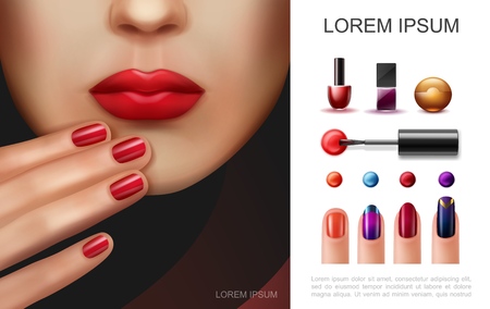 Realistic nail polish concept with bottles of nail varnish and beautiful woman putting hand with red manicure to her face vector illustrationのイラスト素材