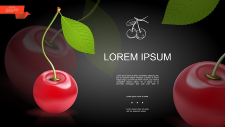 Tasty beautiful healthy berry background with organic bright cherry in realistic style vector illustrationのイラスト素材