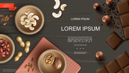 Realistic healthy nuts template with plates of cashew almond walnut peanut chestnut pine nuts and chocolate bars on dark background vector illustrationのイラスト素材
