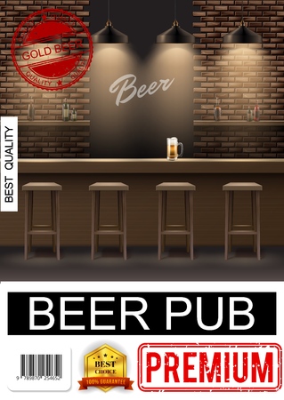 Realistic pub interior poster with chairs beer glass on bar counter and alcohol bottles on shelves vector illustrationのイラスト素材
