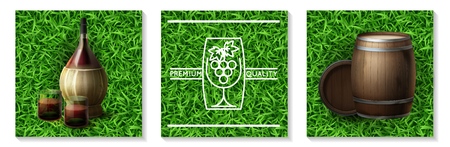 Realistic winemaking industry concept with wooden barrels bottle and glasses full of wine on grass background isolated vector illustrationのイラスト素材