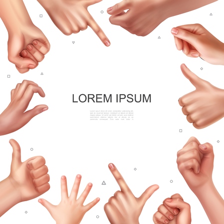 Realistic hand gestures template with women and children hands in different positions and showing various signs vector illustrationのイラスト素材