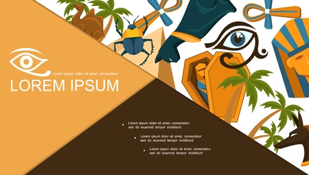 Flat Egypt elements composition with camel Egyptian cat scarab golden ankh cross Horus eye pharaoh mask palm trees pyramids vector illustrationのイラスト素材