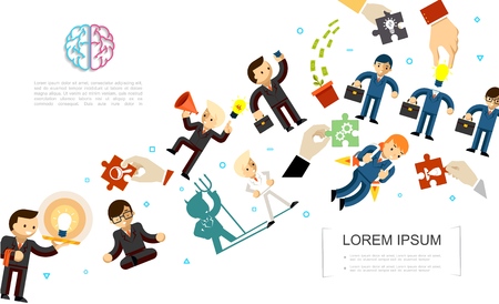 Flat creative idea concept with business people in different poses situations and performing various actions vector illustrationのイラスト素材