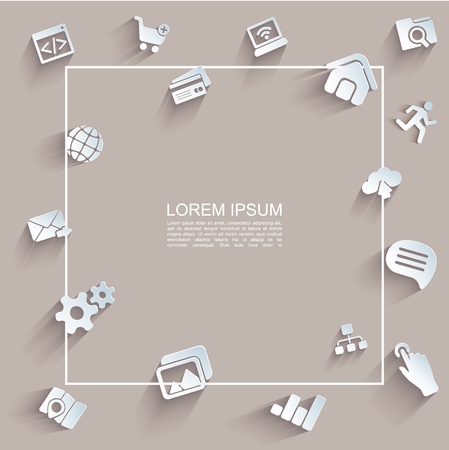 Paper web icons template with frame for text cart laptop graphs speech cloud letter map home running man globe payment cards elements vector illustrationのイラスト素材