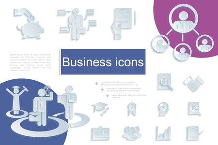 Paper business icons composition with piggy bank businessmen id card diagram graduate handshake teamwork medal document elements in flat style vector illustrationのイラスト素材