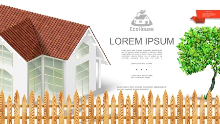 Realistic eco house exterior concept with beautiful modern estate and tree behind fence vector illustrationのイラスト素材