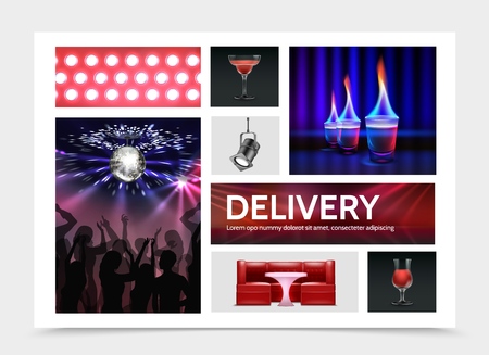Realistic night party elements set with spotlights cocktails fiery shot drinks sofa table people dancing under disco ball isolated vector illustrationのイラスト素材