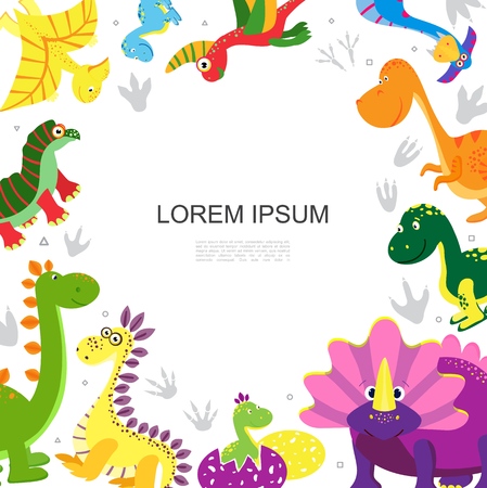 Flat cute dinosaurs concept with place for text and funny colorful big reptiles of jurassic era vector illustrationのイラスト素材