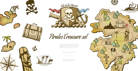 Pirate elements collection with tribal mask closed chest sunken ship compass cannon anchor kraken island with path to treasure vector illustrationのイラスト素材