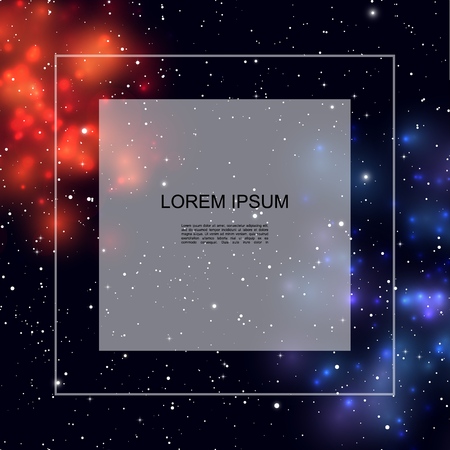 Realistic colorful galaxy template with frame for text shining stars red and blue nebulas vector illustrationのイラスト素材
