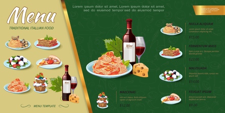 Hand drawn italian food menu concept with bottle of wine cakes mussels pasta spaghetti pizza piece salad lasagna vector illustration のイラスト素材