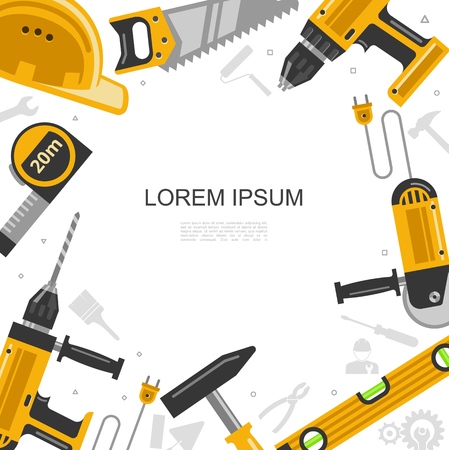 Flat construction tools template with place for text builder, helmet, saw, drill, level, hammer and measure tape. Vector illustration.のイラスト素材